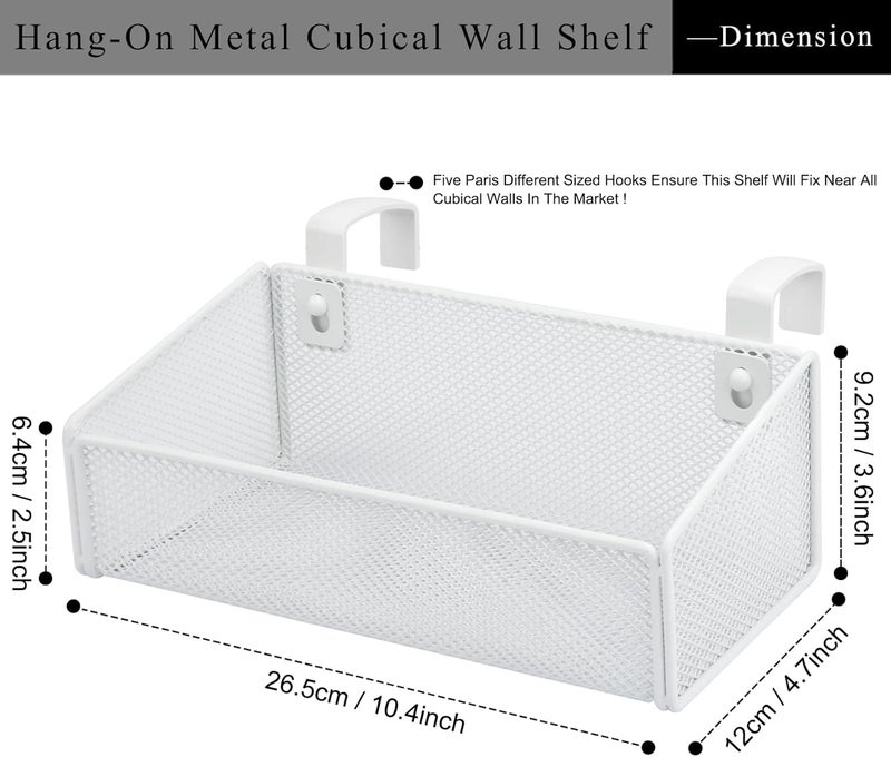 JDYOOMI Cubicle Shelf - Hanging Floating Shelves Storage Organizer for Office Cubicle Wall/Desk Partitions Easy Hang-on Metal Mesh Cubicle File Holder with 5 Pairs Plastic Hangers (White) - Image 3